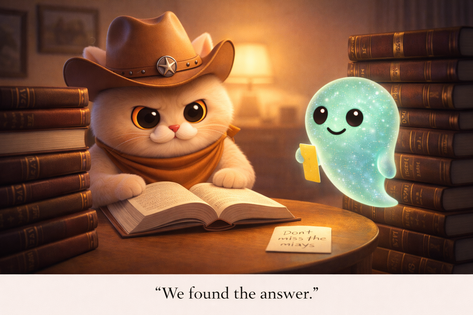 Cowboy cat surrounded by a tall stack of old encyclopedias, ghost floating nearby holding a bookmark
