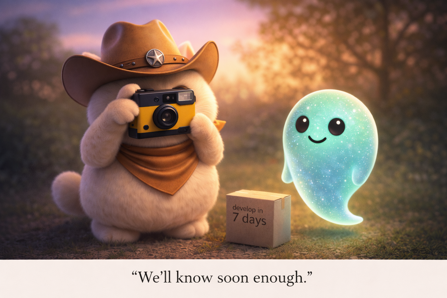 Cowboy cat holding a disposable film camera, ghost posing patiently, box labeled 'develop in 7 days' nearby