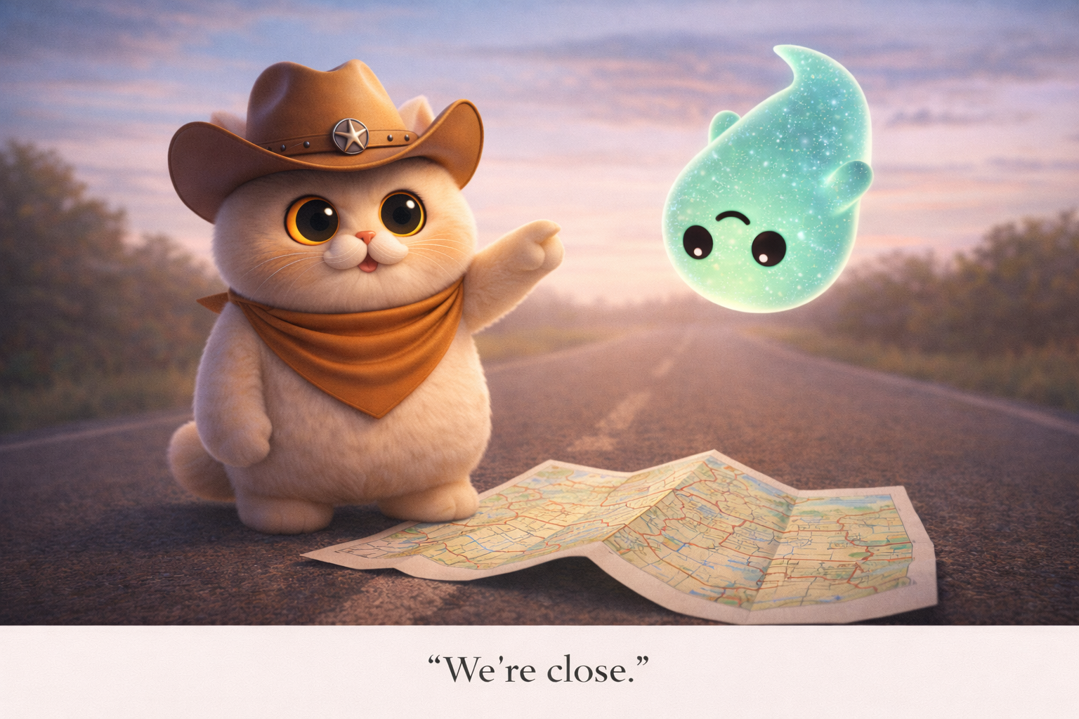 Cowboy cat confidently pointing at a large unfolded paper map in the middle of a road, ghost floating upside down trying to read it
