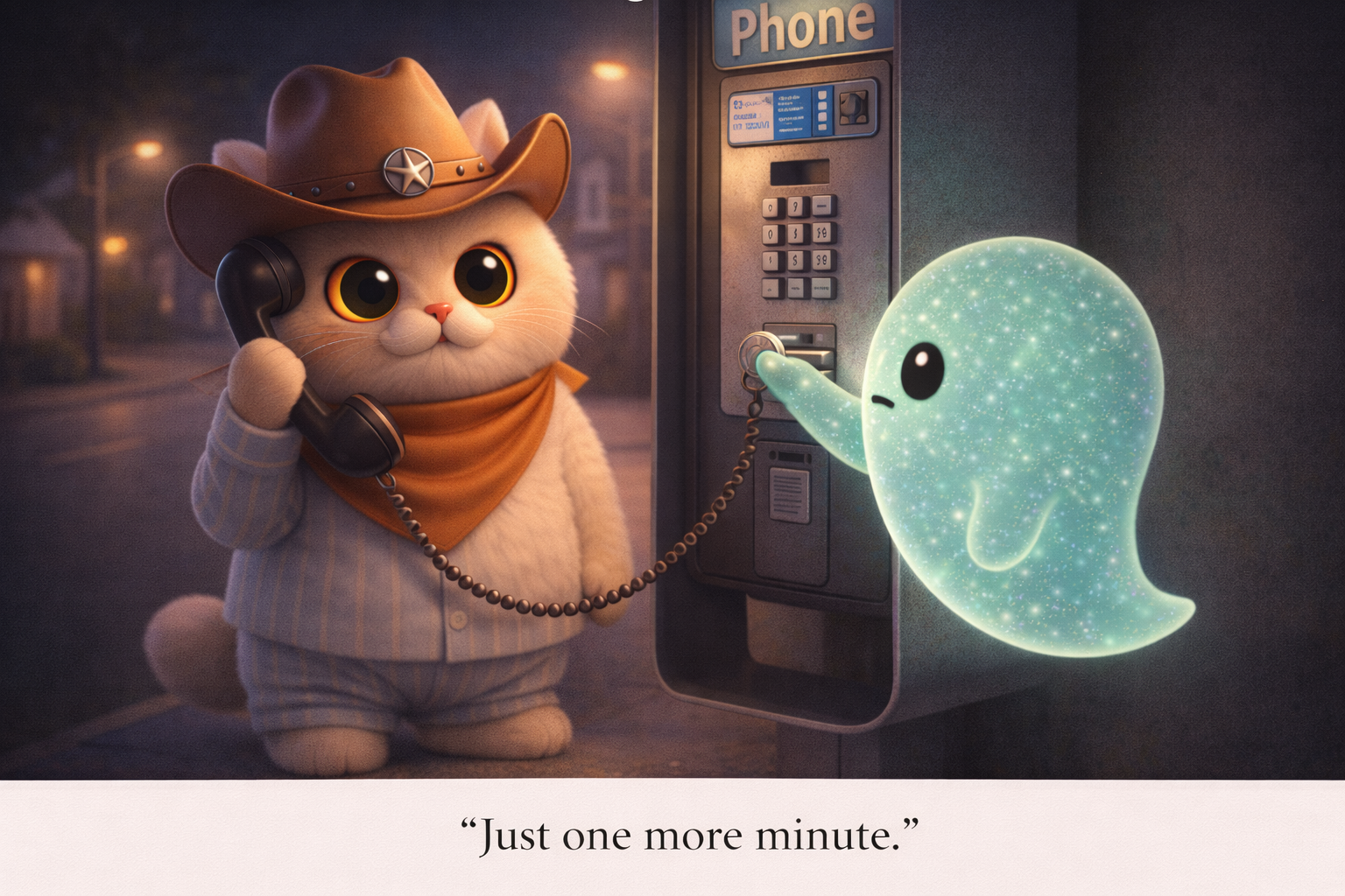 Cowboy cat holding a payphone receiver at night, tiny ghost inserting coins into the phone