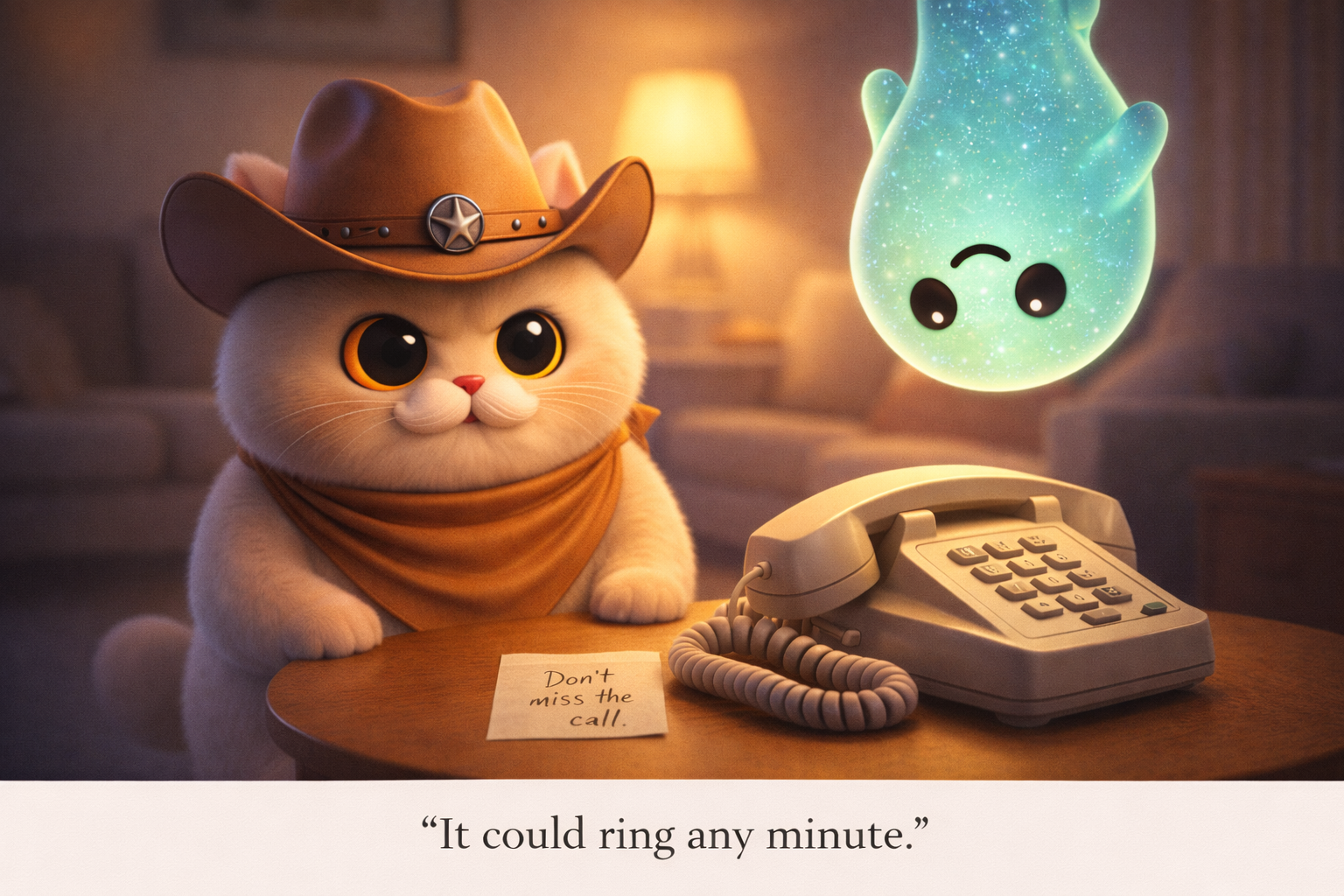 Cowboy cat sitting upright next to a 1990s landline phone, ghost hovering upside down watching it