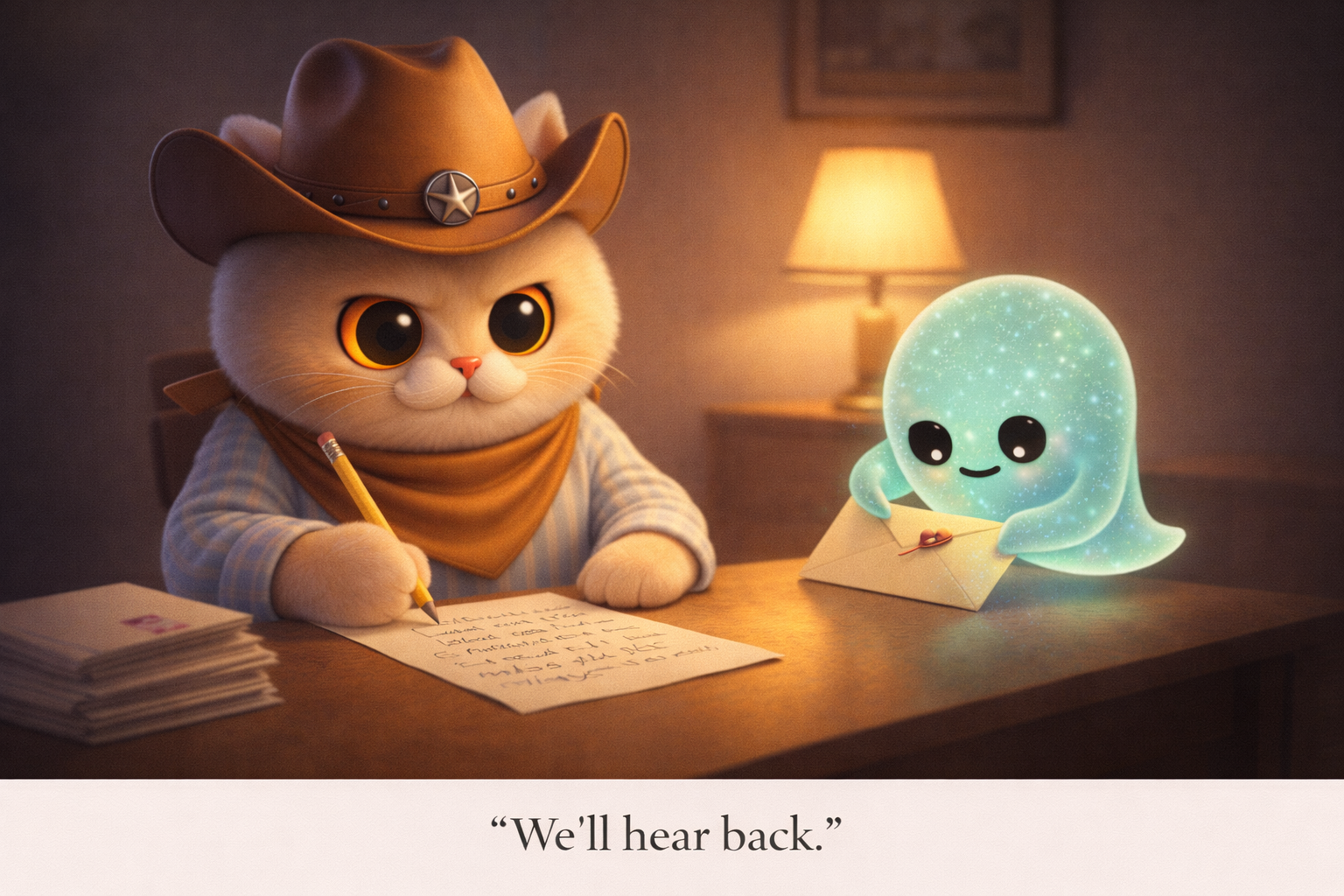 Cowboy cat carefully writing a handwritten letter at a desk, ghost sealing an envelope with a slightly crooked stamp